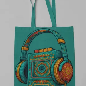 Art of Shravika – Boho Beat Vibes Tote Bag (Teal Canvas with Mandala Music Art)