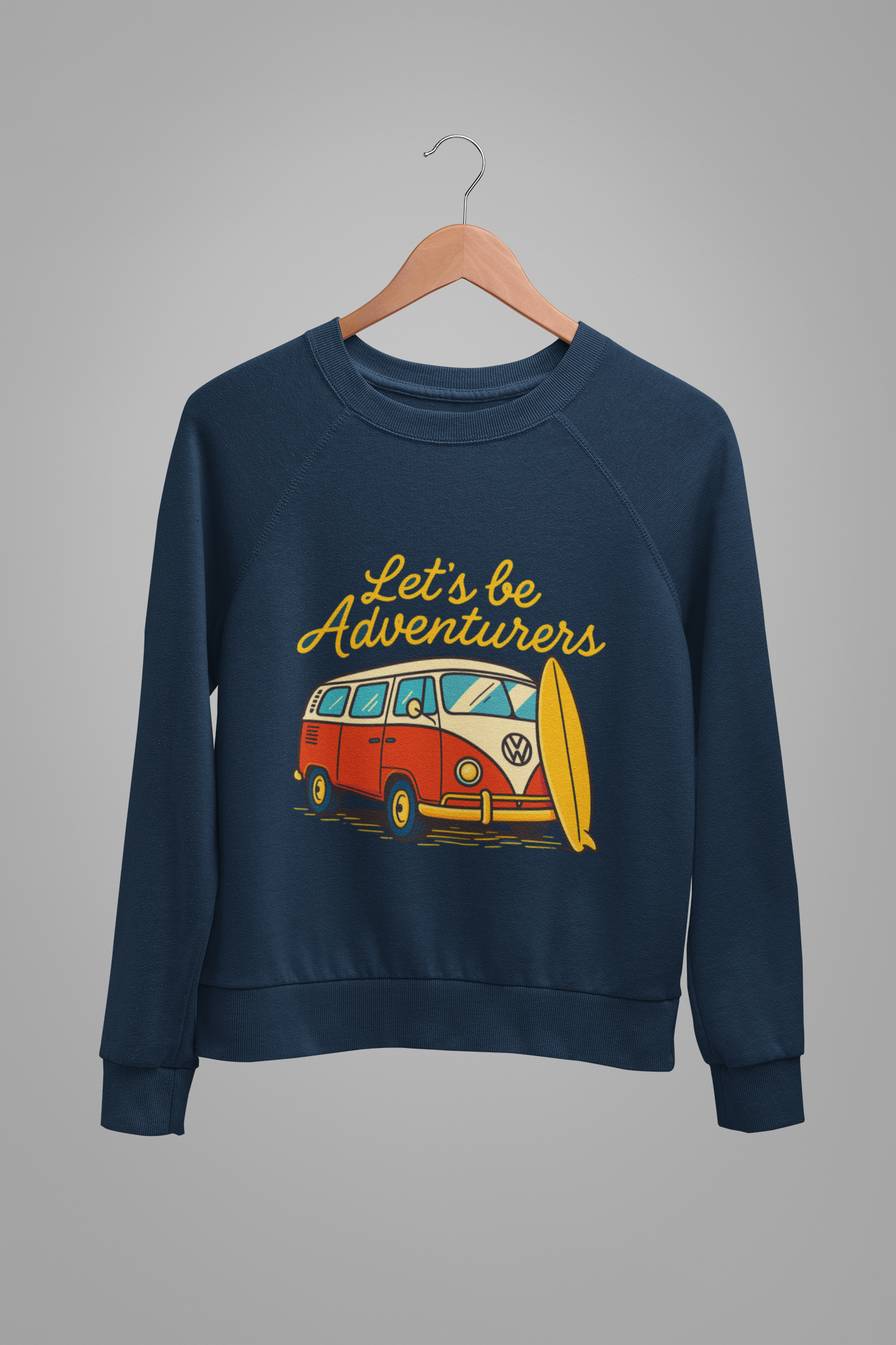 Let’s Be Adventurers – Retro Van & Surfboard Crewneck Sweatshirt Let’s Be Adventurers – Retro Van & Surfboard Crewneck Sweatshirt